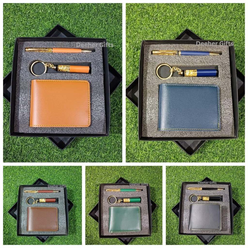 Faux Leather Men’s Wallet + Gold Zari Pen + Gold Zari Keychain Set