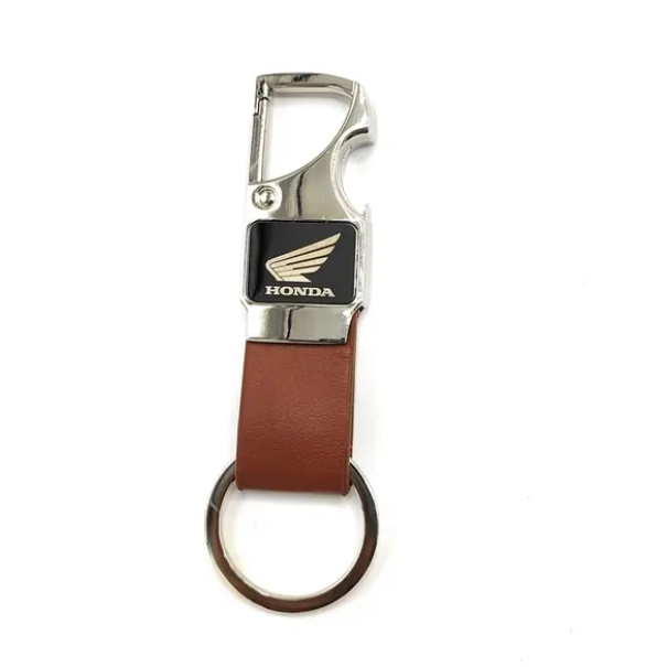Keychain Metal ( Brown Leather Metal Hoop Keychain with Opener ) – With Single Side Engraving - Pack of 2