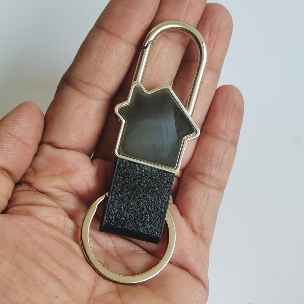 Keychain Metal ( Black Leather Metal House Hoop Keychain ) – With Single Side Engraving - Pack of 2