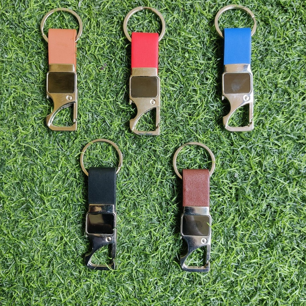 Metal Leather Hoop Keychain with Bottle Opener – Single Side Engraving (Mixed Colors)