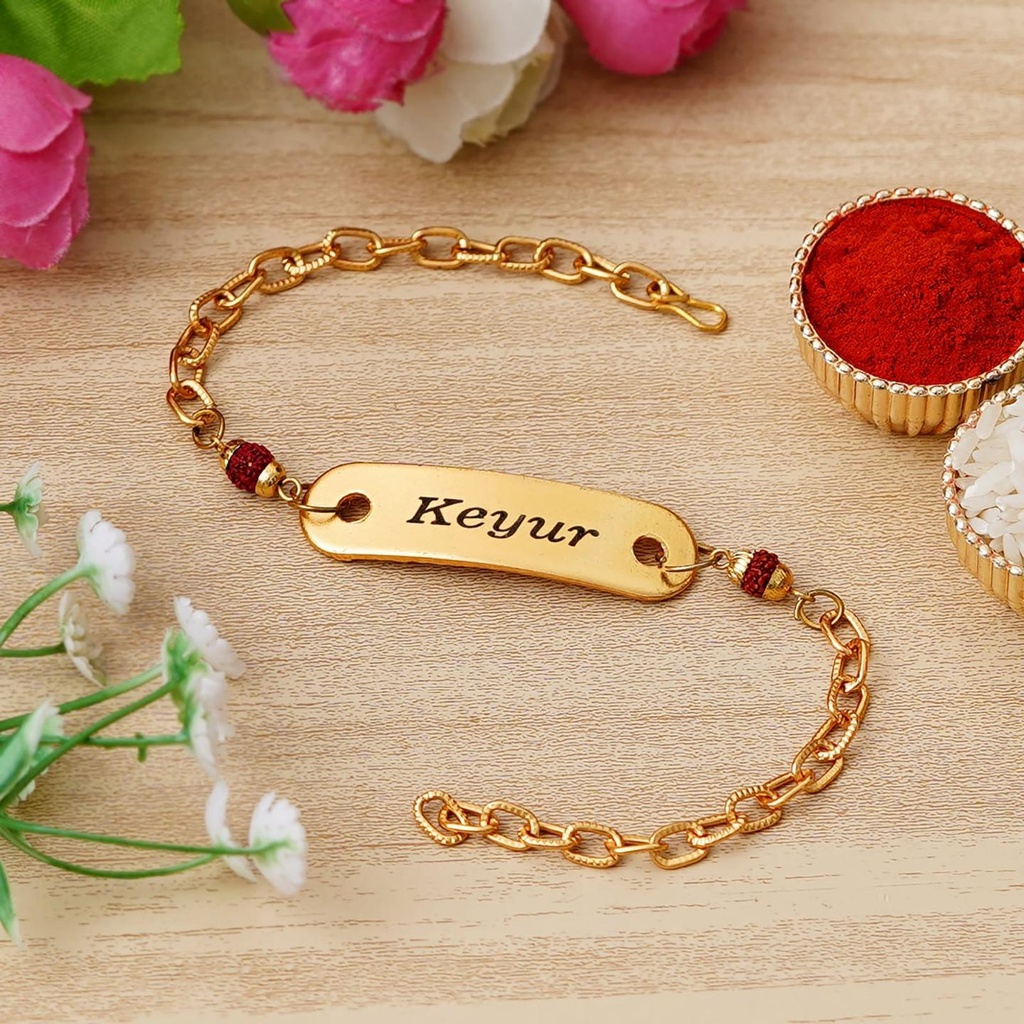 Golden Rakhi Bracelet with Rudraksha - (With Stainless steel patti)